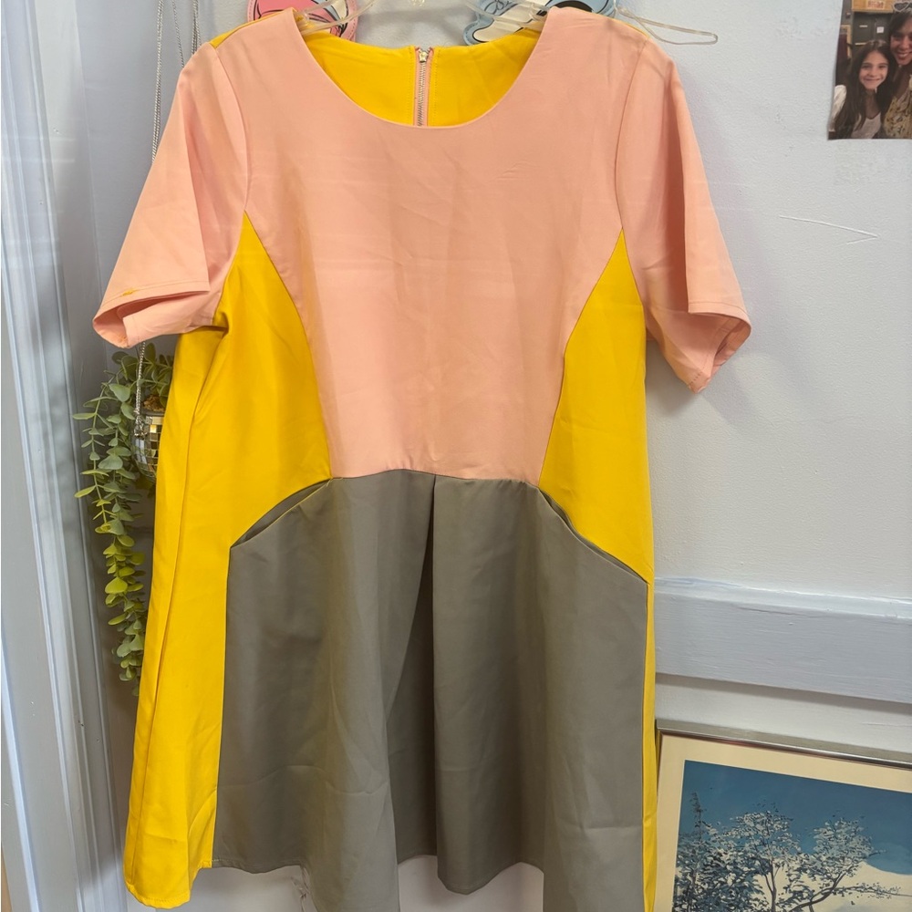 Colorblock Dress in Peach, Yellow, and Gray